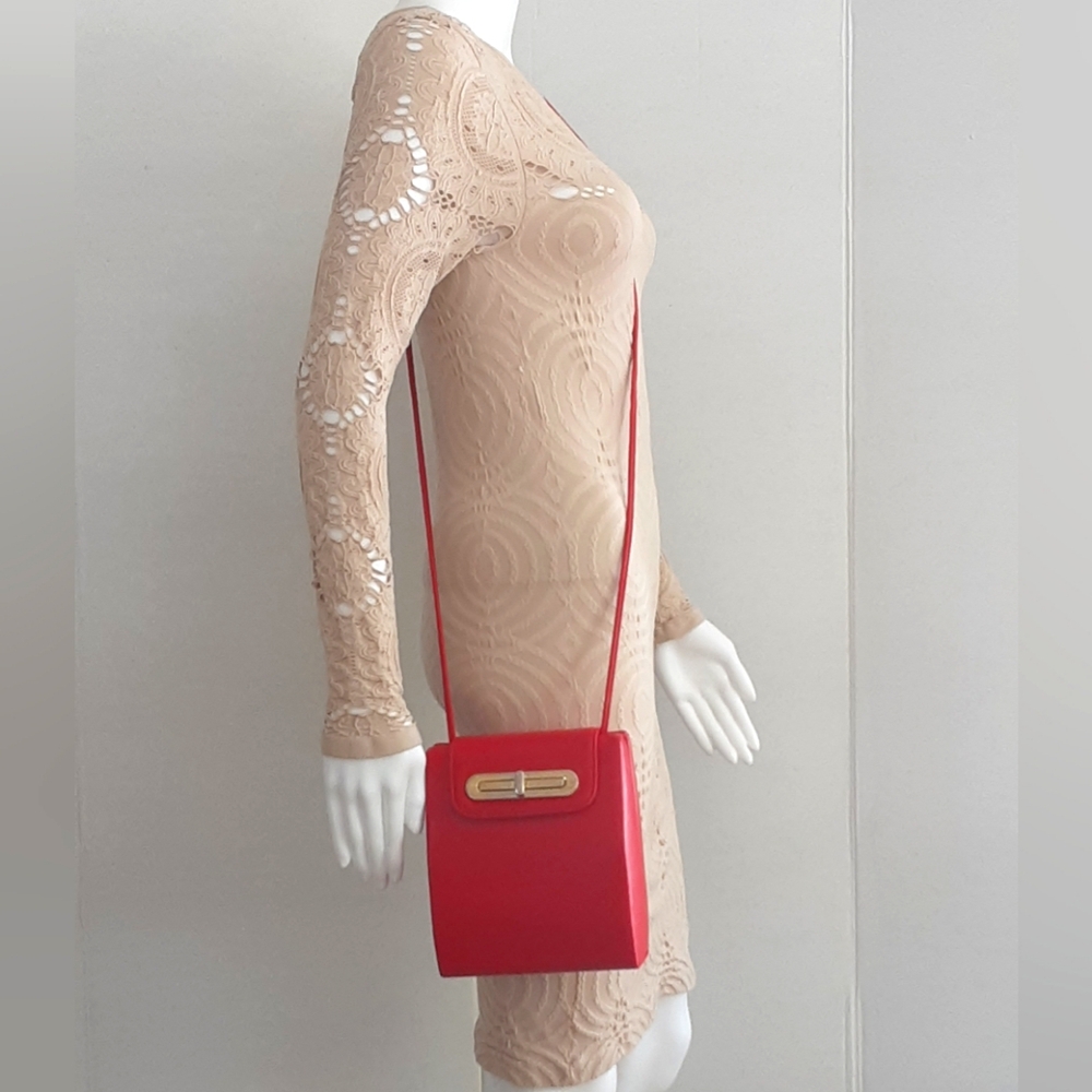 ANDE' Minimalist Red Box Vegan Leather Gold Tone Hardware Crossbody Bag - Vtg